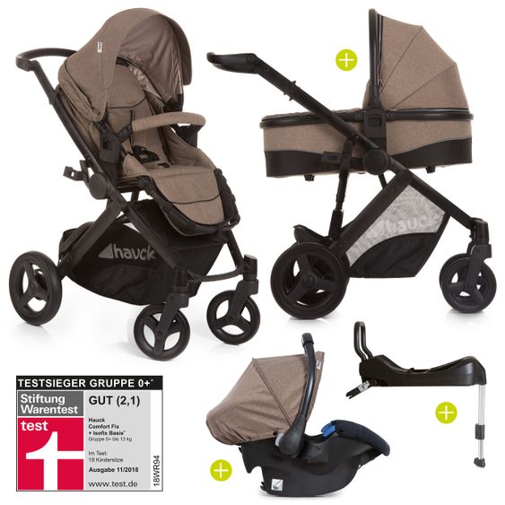 Hauck 4in1 Kinderwagen-Set Maxan 4 Plus inkl. Babyschale Comfort Fix und Isofix Basis - Melange Brown