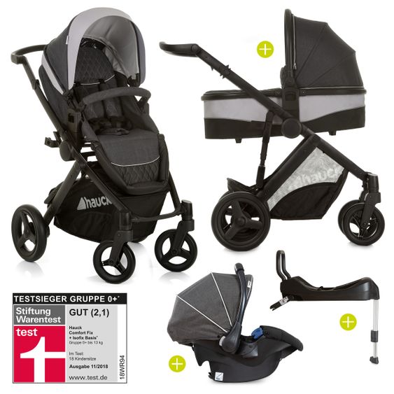 Hauck 4in1 Kinderwagen-Set Maxan 4 Plus inkl. Babyschale Comfort Fix und Isofix Basis - Melange Charcoal