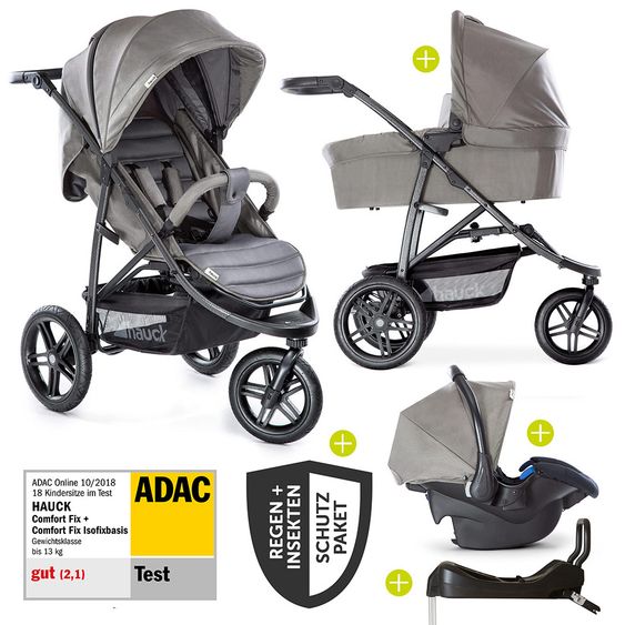 Hauck 4in1 Kinderwagen-Set Rapid 3R Plus (bis 25 kg) inkl. Isofix Basis, Regenschutz und Insektenschutz - Charcoal