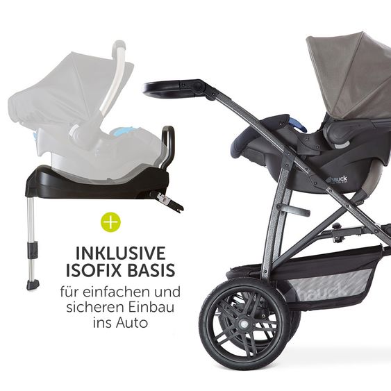 Hauck 4in1 Kinderwagen-Set Rapid 3R Plus (bis 25 kg) inkl. Isofix Basis, Regenschutz und Insektenschutz - Charcoal