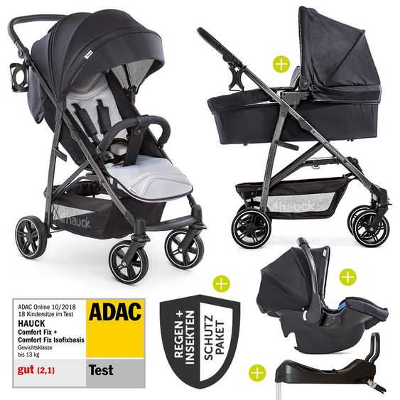 Hauck 4in1 Kinderwagen-Set Rapid 4S Plus (bis 25 kg) inkl. Isofix Basis, Regenschutz und Insektenschutz - Caviar Silver