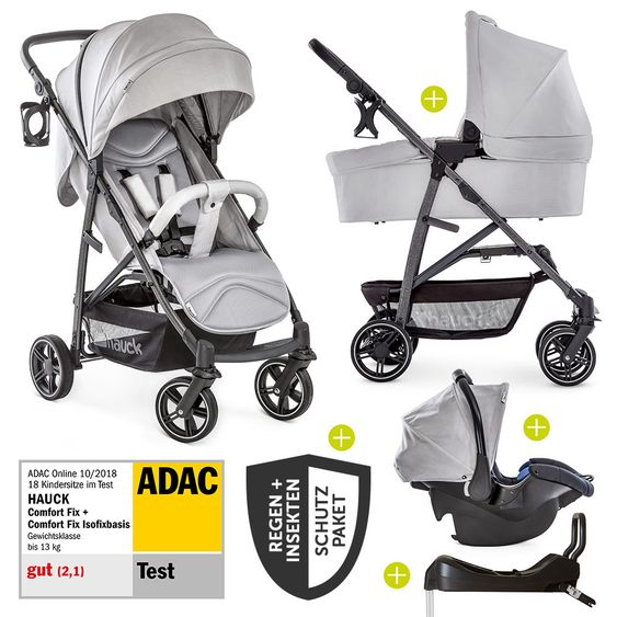 Hauck 4in1 Kinderwagen-Set Rapid 4S Plus (bis 25 kg) inkl. Isofix Basis, Regenschutz und Insektenschutz - Lunar Stone