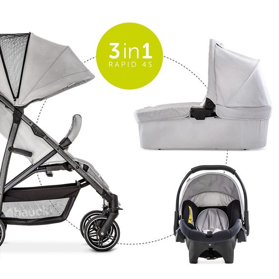 Hauck 4in1 Kinderwagen-Set Rapid 4S Plus (bis 25 kg) inkl. Isofix Basis, Regenschutz und Insektenschutz - Lunar Stone