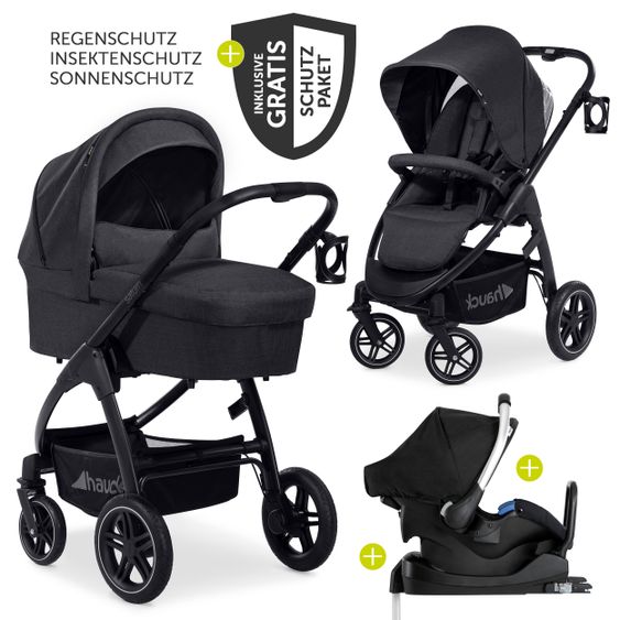 Hauck 4in1 Kinderwagen-Set Saturn R Duoset (bis 25 kg belastbar) inkl. Babyschale, Isofix Basis und XXL Zubehörpaket - Melange Black