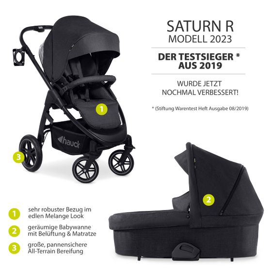 Hauck 4in1 Kinderwagen-Set Saturn R Duoset (bis 25 kg belastbar) inkl. Babyschale, Isofix Basis und XXL Zubehörpaket - Melange Black