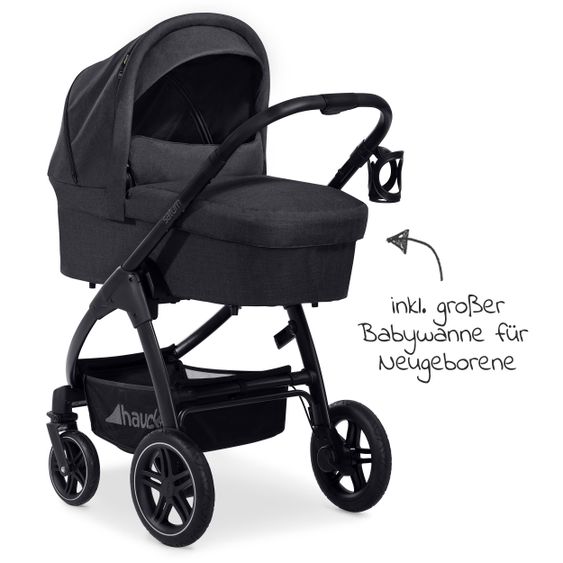 Hauck 4in1 Kinderwagen-Set Saturn R Duoset (bis 25 kg belastbar) inkl. Babyschale, Isofix Basis und XXL Zubehörpaket - Melange Black