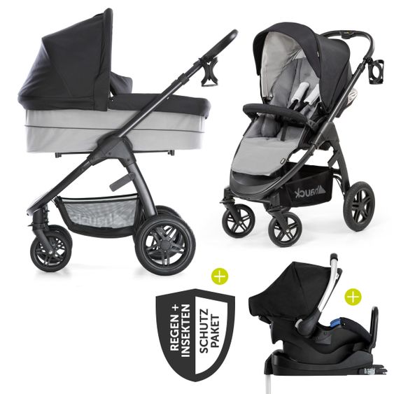 Hauck 4in1 Kinderwagen-Set Saturn R Duoset inkl. Babyschale, Isofix Basis, Regenschutz und Insektenschutz - Caviar Stone