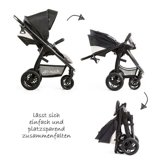 Hauck 4in1 Kinderwagen-Set Saturn R Duoset inkl. Babyschale, Isofix Basis, Regenschutz und Insektenschutz - Caviar Stone