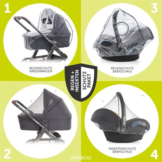 Hauck 4in1 Kinderwagen-Set Saturn R Duoset inkl. Babyschale, Isofix Basis, Regenschutz und Insektenschutz - Caviar Stone