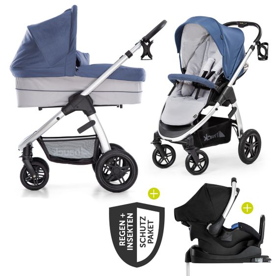 Hauck 4in1 Kinderwagen-Set Saturn R Duoset inkl. Babyschale, Isofix Basis, Regenschutz und Insektenschutz - Denim Silver