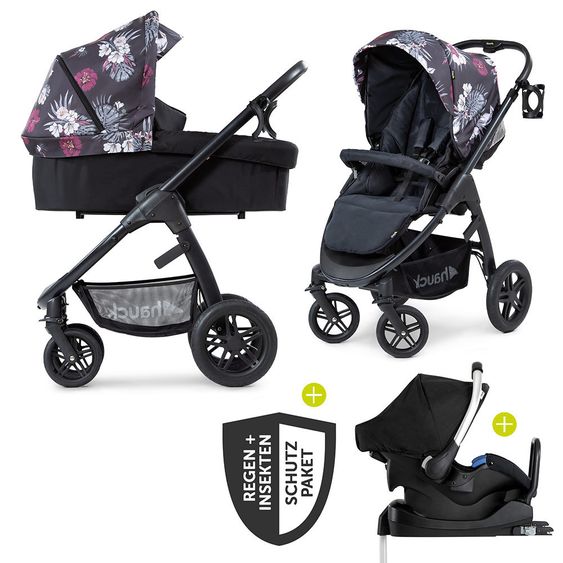Hauck 4in1 Kinderwagen-Set Saturn R Duoset inkl. Babyschale, Isofix-Basis, Regenschutz und Insektenschutz - Wild Blooms Black