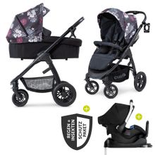 Set di passeggini 4in1 Saturn R Duoset con marsupio, base Isofix, parapioggia e zanzariera - Wild Blooms Nero