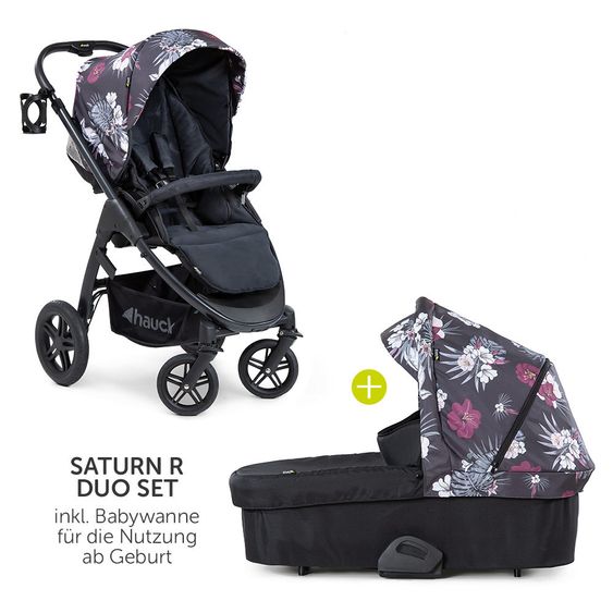 Hauck 4in1 Kinderwagen-Set Saturn R Duoset inkl. Babyschale, Isofix-Basis, Regenschutz und Insektenschutz - Wild Blooms Black
