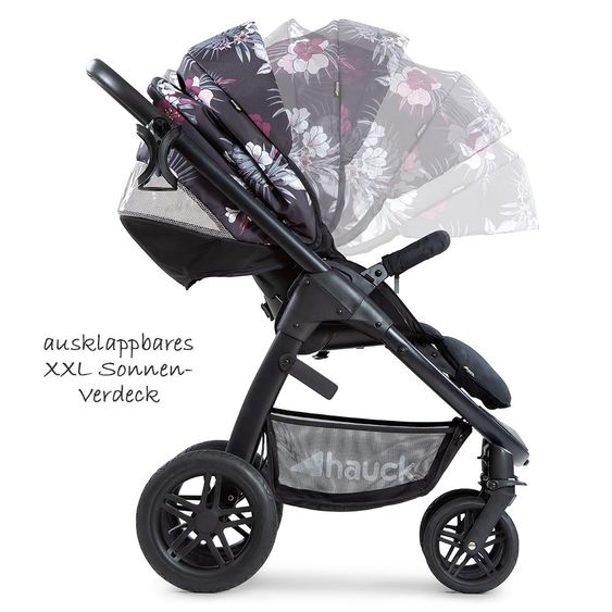 Hauck 4in1 Kinderwagen-Set Saturn R Duoset inkl. Babyschale, Isofix-Basis, Regenschutz und Insektenschutz - Wild Blooms Black