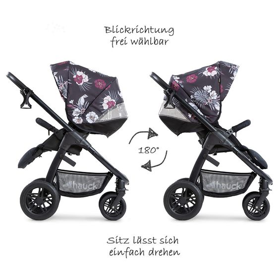 Hauck 4in1 Kinderwagen-Set Saturn R Duoset inkl. Babyschale, Isofix-Basis, Regenschutz und Insektenschutz - Wild Blooms Black