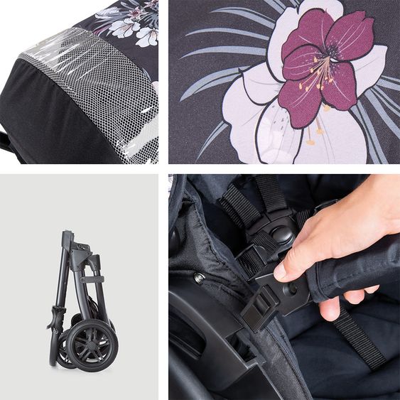 Hauck 4in1 Kinderwagen-Set Saturn R Duoset inkl. Babyschale, Isofix-Basis, Regenschutz und Insektenschutz - Wild Blooms Black
