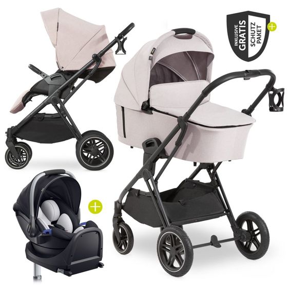 Hauck Set 4in1 per passeggino Vision X - Nero con portabebè i-Size, base Isofix e pacchetto accessori XXL - Melange Beige