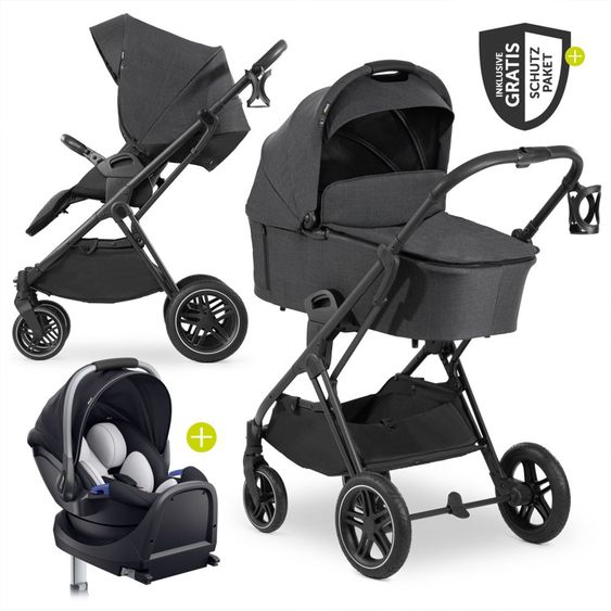 Hauck Set 4in1 per passeggino Vision X - Nero con portabebè i-Size, base Isofix e pacchetto accessori XXL - Nero Melange