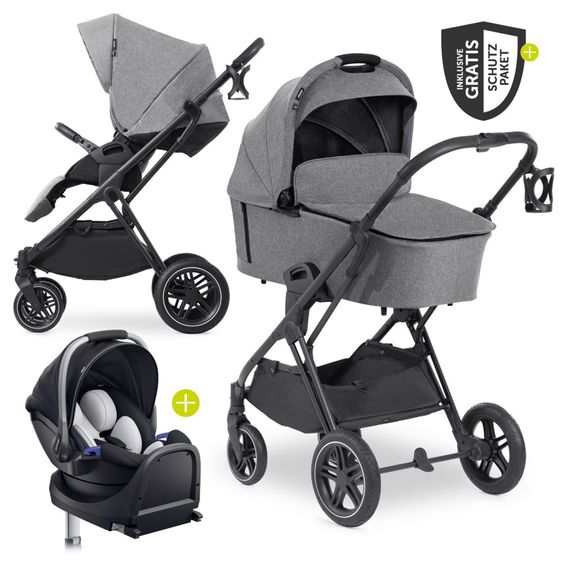 Hauck 4in1 Kinderwagen-Set Vision X - Black inkl. i-Size Babyschale, Isofix Basis und XXL Zubehörpaket - Melange Grey