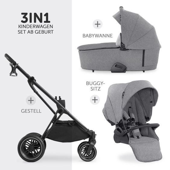Hauck 4in1 Kinderwagen-Set Vision X - Black inkl. i-Size Babyschale, Isofix Basis und XXL Zubehörpaket - Melange Grey