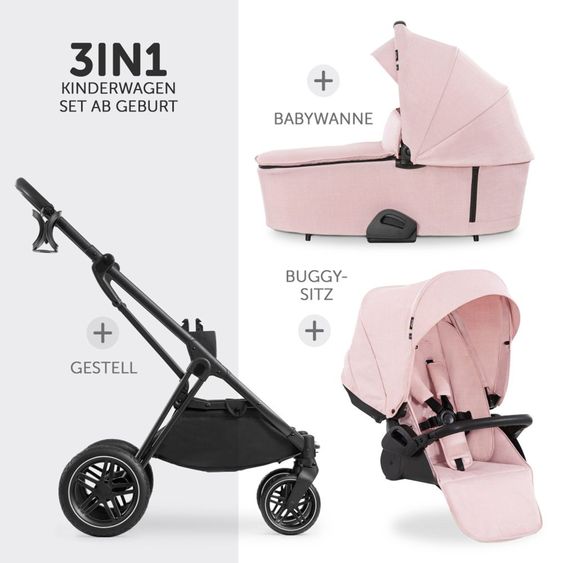 Hauck 4in1 Kinderwagen-Set Vision X - Black inkl. i-Size Babyschale, Isofix Basis und XXL Zubehörpaket - Melange Rose