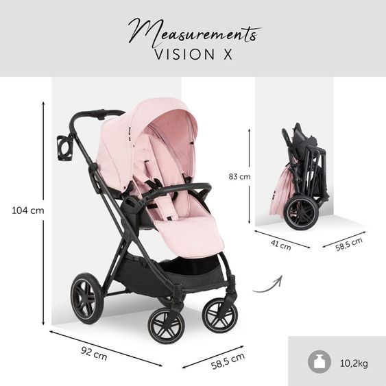 Hauck 4in1 Kinderwagen-Set Vision X - Black inkl. i-Size Babyschale, Isofix Basis und XXL Zubehörpaket - Melange Rose