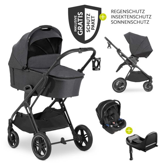 Hauck 4in1 Kinderwagen-Set Vision X Duoset Black inkl. i-Size Babyschale, Isofix Basis und XXL Zubehörpaket - Melange Black