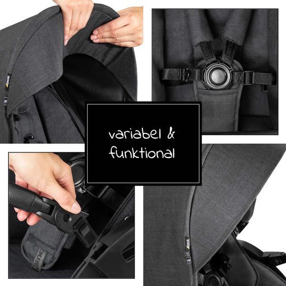 Hauck 4in1 Kinderwagen-Set Vision X Duoset Black inkl. i-Size Babyschale, Isofix Basis und XXL Zubehörpaket - Melange Black