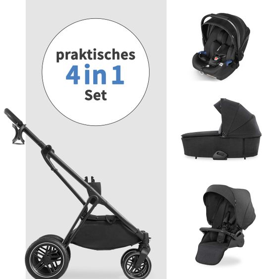 Hauck 4in1 Kinderwagen-Set Vision X Duoset Black inkl. i-Size Babyschale, Isofix Basis und XXL Zubehörpaket - Melange Black