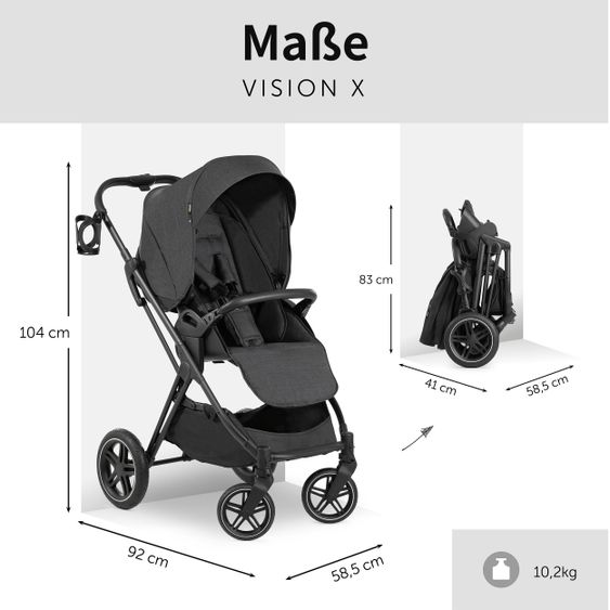 Hauck 4in1 Kinderwagen-Set Vision X Duoset Black inkl. i-Size Babyschale, Isofix Basis und XXL Zubehörpaket - Melange Black