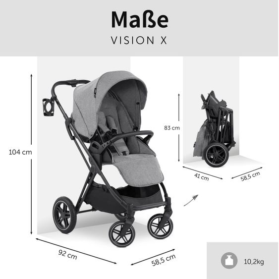 Hauck 4in1 Stroller Set Vision X Duoset Black incl. i-Size infant carrier, Isofix base and XXL accessory pack - Melange Grey