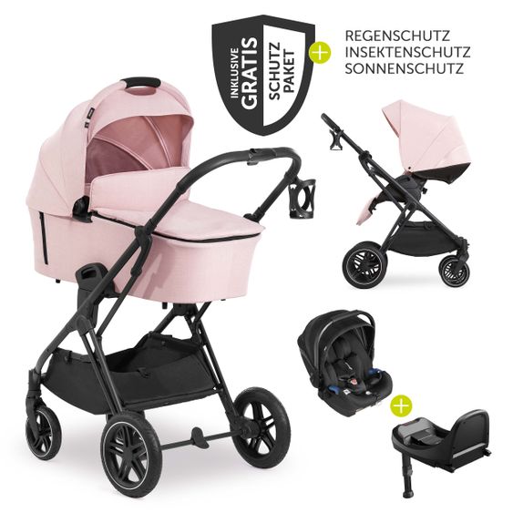 Hauck 4in1 Kinderwagen-Set Vision X Duoset Black inkl. i-Size Babyschale, Isofix Basis und XXL Zubehörpaket - Melange Rose