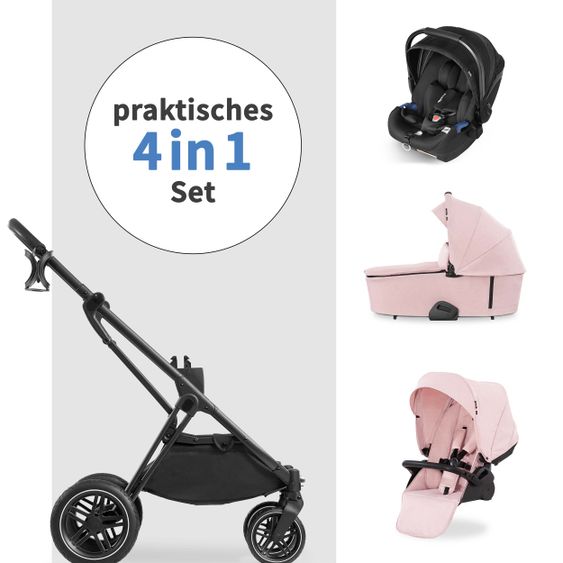 Hauck 4in1 Kinderwagen-Set Vision X Duoset Black inkl. i-Size Babyschale, Isofix Basis und XXL Zubehörpaket - Melange Rose