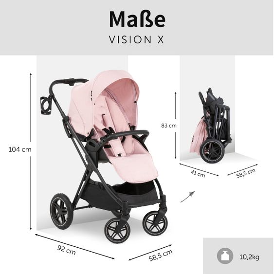 Hauck 4in1 Kinderwagen-Set Vision X Duoset Black inkl. i-Size Babyschale, Isofix Basis und XXL Zubehörpaket - Melange Rose
