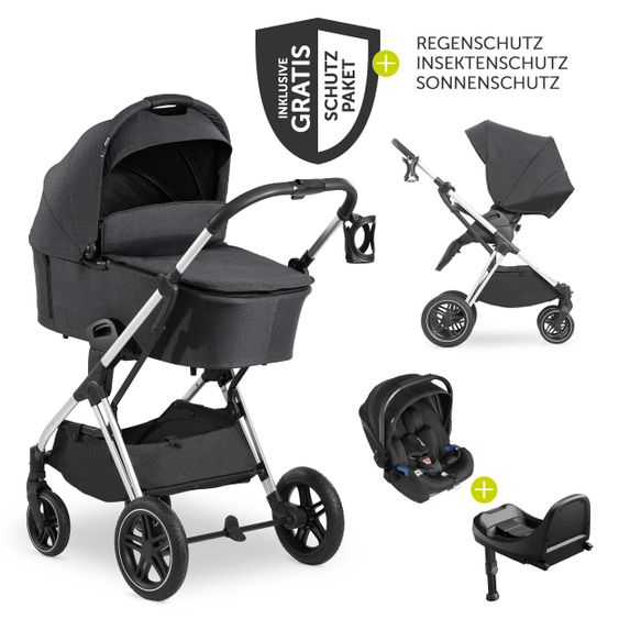 Hauck 4in1 Kinderwagen-Set Vision X Duoset Silver inkl. i-Size Babyschale, Isofix Basis und XXL Zubehörpaket - Melange Black