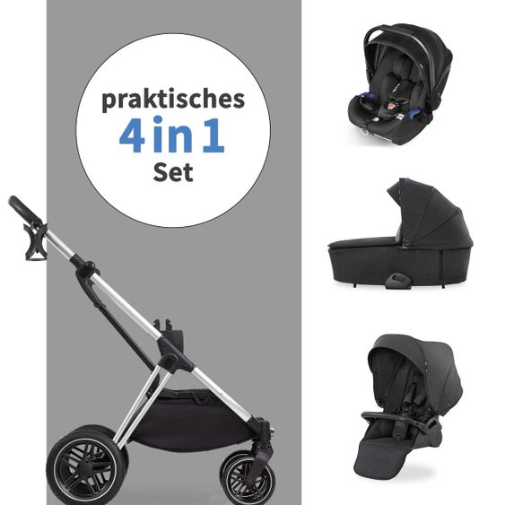 Hauck 4in1 Kinderwagen-Set Vision X Duoset Silver inkl. i-Size Babyschale, Isofix Basis und XXL Zubehörpaket - Melange Black