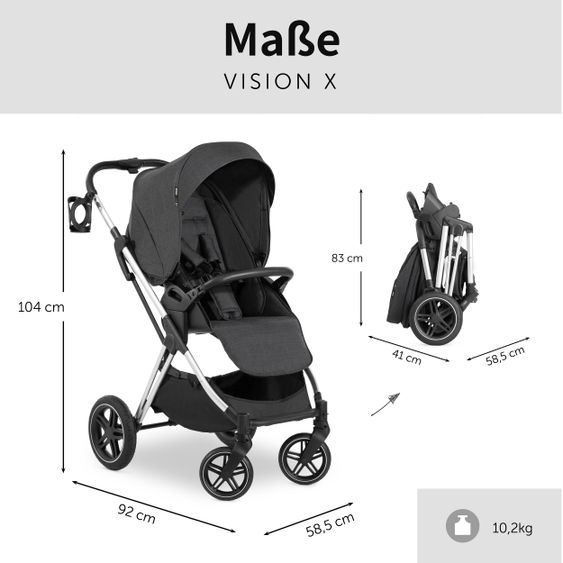 Hauck 4in1 Kinderwagen-Set Vision X Duoset Silver inkl. i-Size Babyschale, Isofix Basis und XXL Zubehörpaket - Melange Black