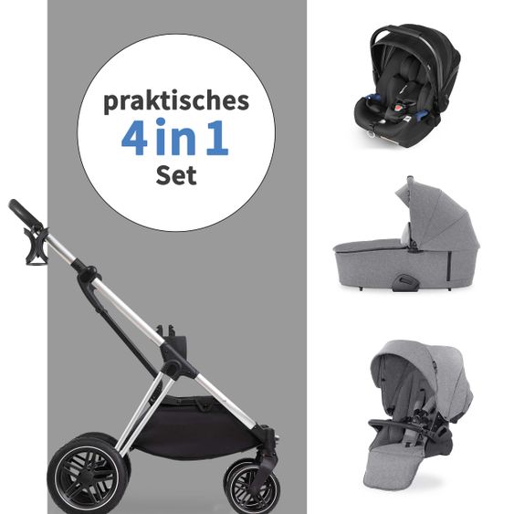 Hauck 4in1 Kinderwagen-Set Vision X Duoset Silver inkl. i-Size Babyschale, Isofix Basis und XXL Zubehörpaket - Melange Grey