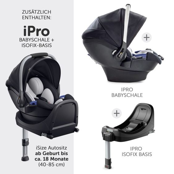 Hauck 4in1 Kinderwagen-Set Vision X - Silver inkl. i-Size Babyschale, Isofix Basis und XXL Zubehörpaket - Melange Black