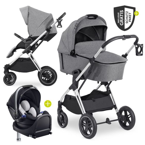 Hauck 4in1 Kinderwagen-Set Vision X - Silver inkl. i-Size Babyschale, Isofix Basis und XXL Zubehörpaket - Melange Grey
