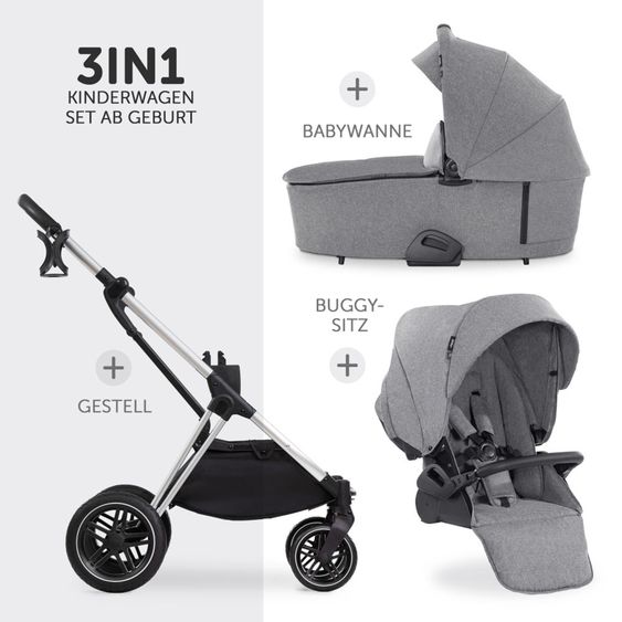 Hauck 4in1 Kinderwagen-Set Vision X - Silver inkl. i-Size Babyschale, Isofix Basis und XXL Zubehörpaket - Melange Grey