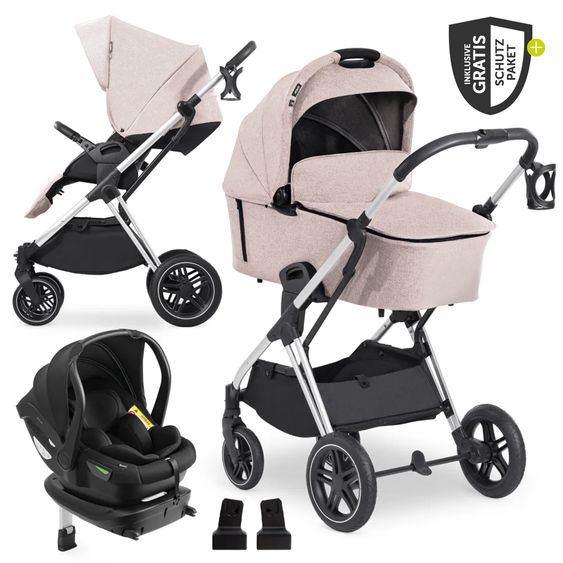 Hauck 4in1 Kinderwagen-Set Vision X Trio Set - inkl. i-Size Babyschale & Isofix Base & XXL Zubehörset - Melange Beige