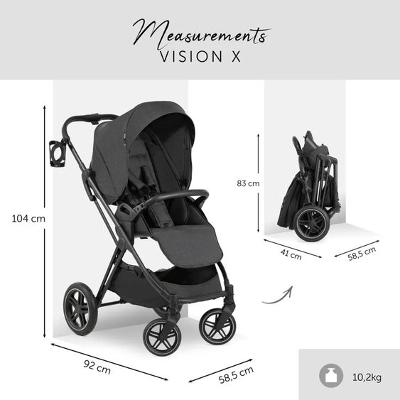 Hauck 4in1 Kinderwagen-Set Vision X Trio Set - inkl. i-Size Babyschale & Isofix Base & XXL Zubehörset - Melange Black