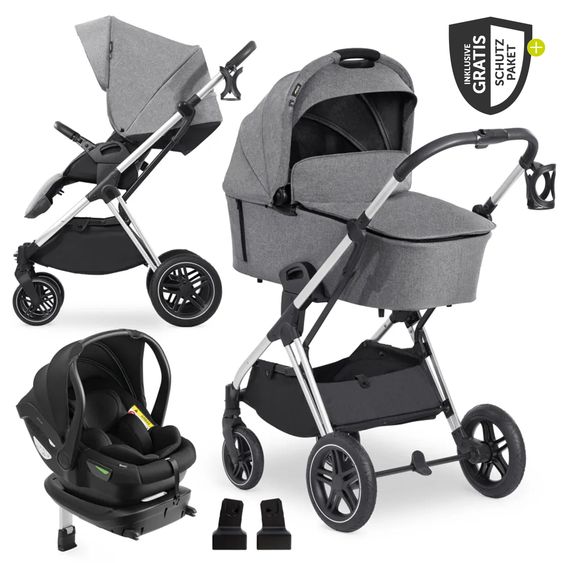 Hauck 4in1 Kinderwagen-Set Vision X Trio Set - inkl. i-Size Babyschale & Isofix Base & XXL Zubehörset - Melange Grey