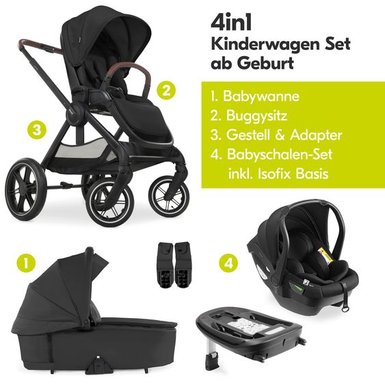 Hauck 4in1 Kinderwagen-Set Walk N Care Air Trio Set inkl. i-Size Babyschale & Isofix Base & XXL Zubehörset - Black