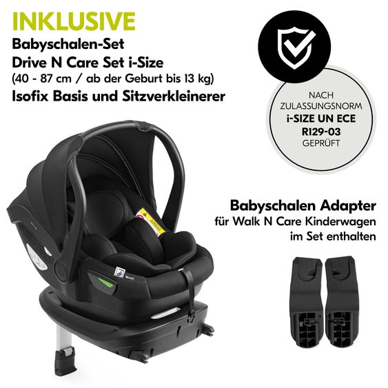 Hauck 4in1 Kinderwagen-Set Walk N Care Air Trio Set inkl. i-Size Babyschale & Isofix Base & XXL Zubehörset - Black