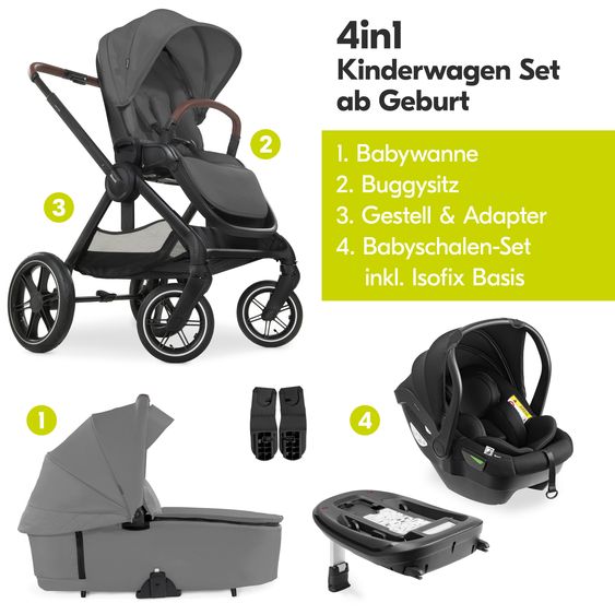 Hauck 4in1 Kinderwagen-Set Walk N Care Air Trio Set inkl. i-Size Babyschale & Isofix Base & XXL Zubehörset - Dark Grey