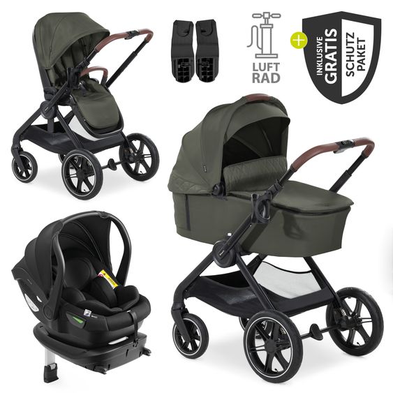 Hauck 4in1 Kinderwagen-Set Walk N Care Air Trio Set inkl. i-Size Babyschale & Isofix Base & XXL Zubehörset - Dark Olive