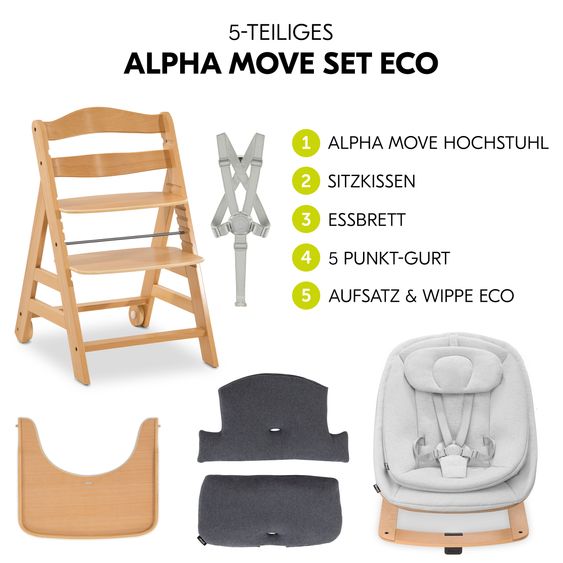 Hauck 5-pcs Alpha Move Newborn Set - Highchair + Bouncer 2in1 Eco + Tray + Highchair Cushion Deluxe - Natur