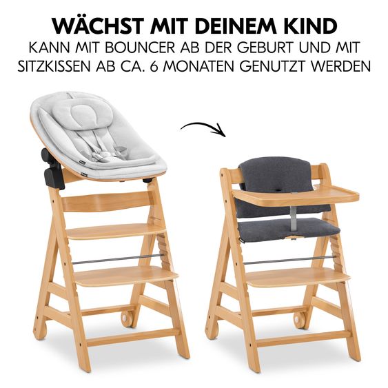 Hauck 5-pcs Alpha Move Newborn Set - Highchair + Bouncer 2in1 Eco + Tray + Highchair Cushion Deluxe - Natur